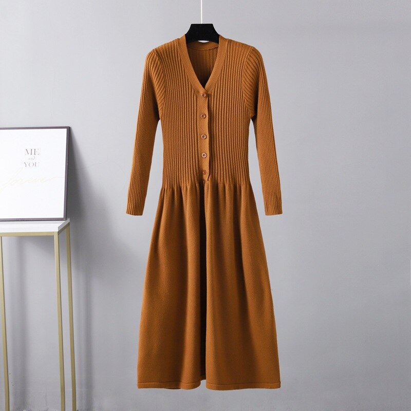 Winter Long Knit V Neck Women A Line Sweater Dress Single Breasted Pleated Dresses Christmas Party Holidays Dresses