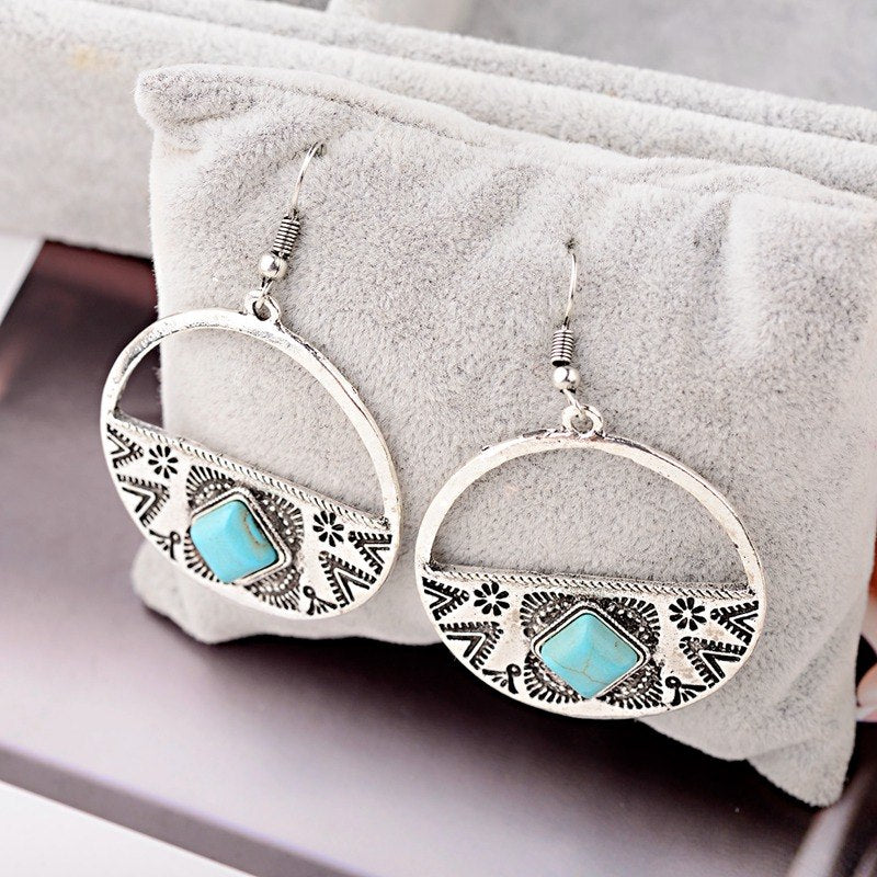 Women's Gothic Bohemia Boho Gypsy Faux Turquoises Round Carved Earrings Jewelry