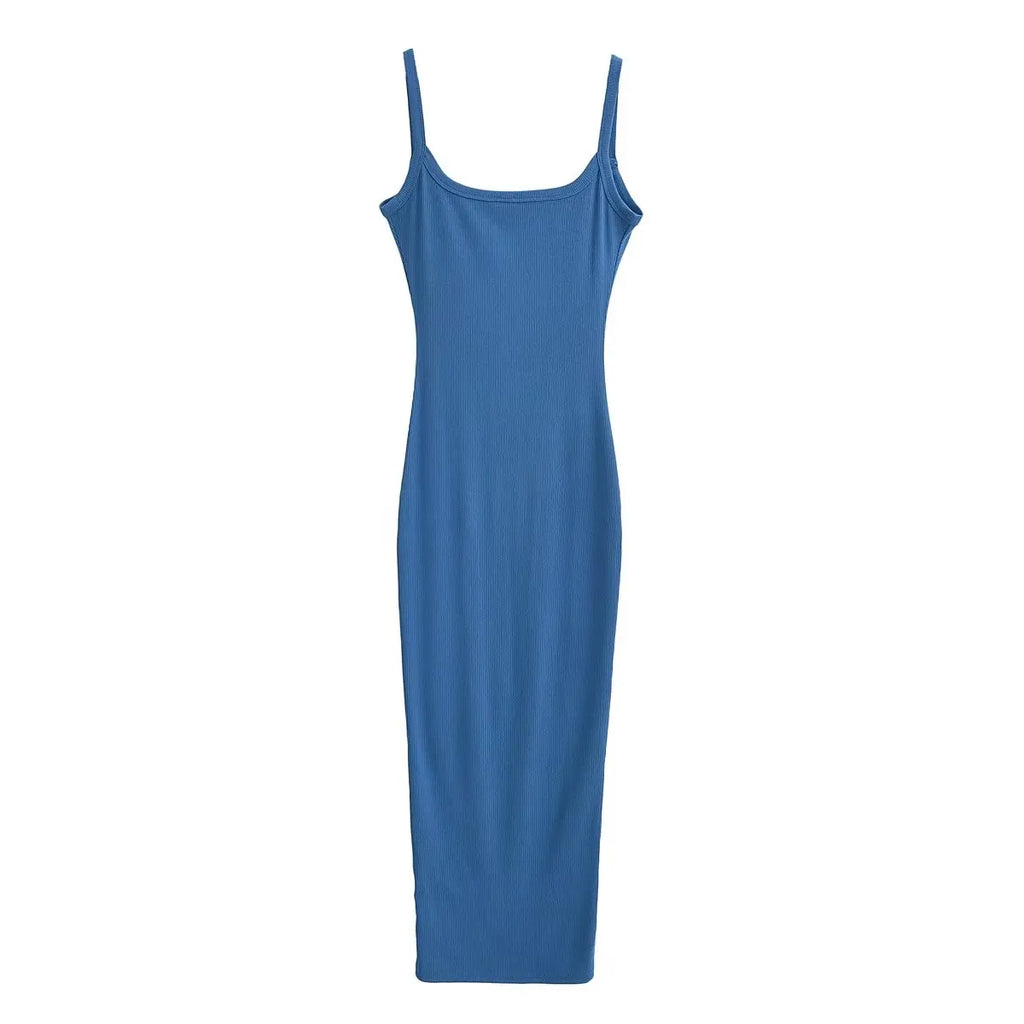 Women Sexy Backless Midi Dress Summer Spaghetti Strap Solid Color Stretchable Slim Dresses