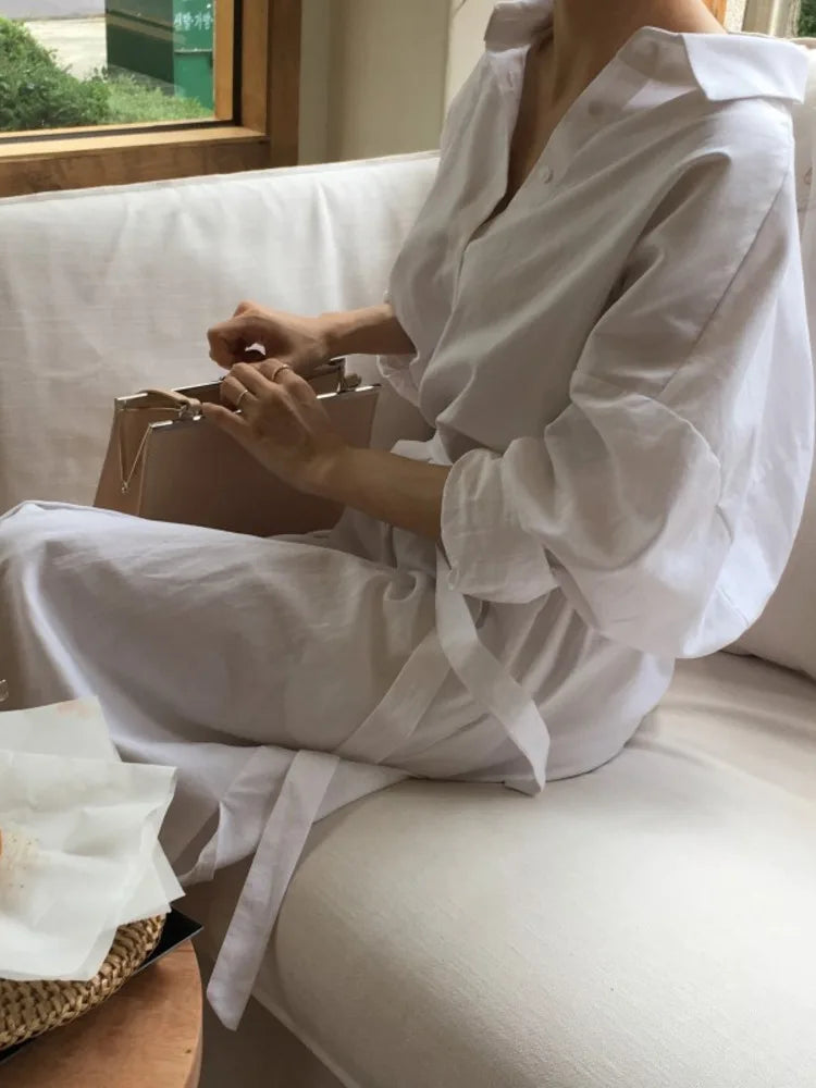 Spring Fashion White Shirt Dress Turn-down Collar Long Sleeve Single Breasted Pockets Belt Woman Dresses