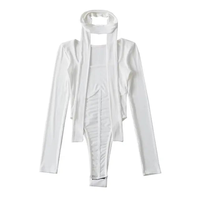 Women Sexy Mesh Square Collar White Bodysuits Spliced Perspective Elastic Slim Jumpsuits With Scarf