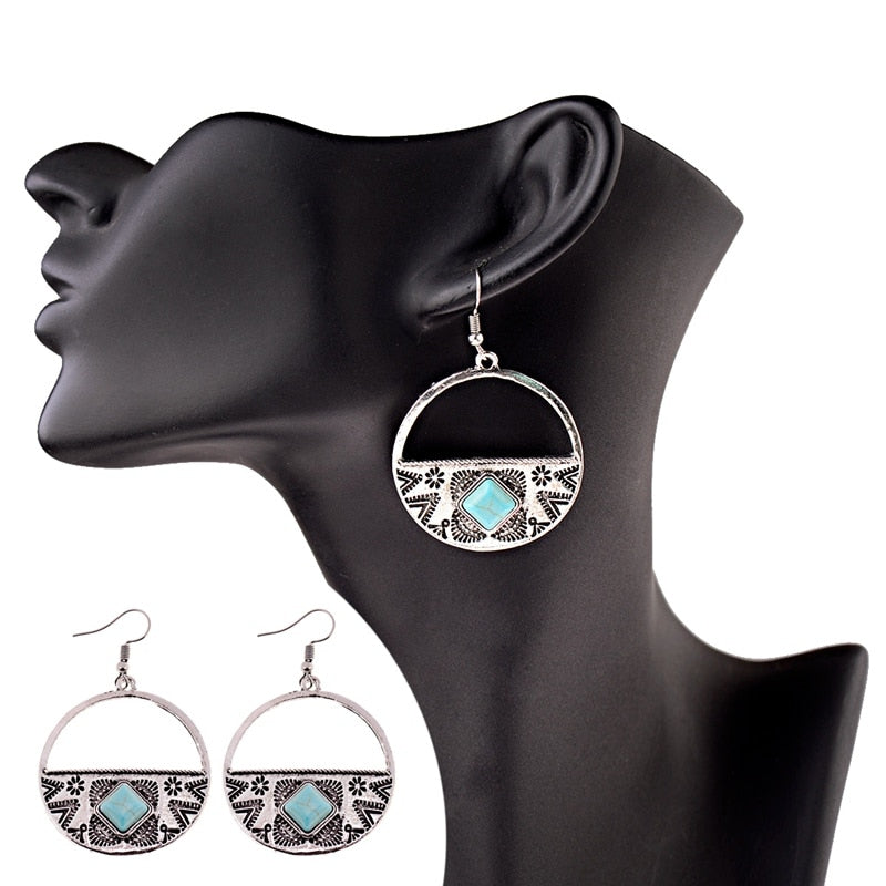 Women's Gothic Bohemia Boho Gypsy Faux Turquoises Round Carved Earrings Jewelry