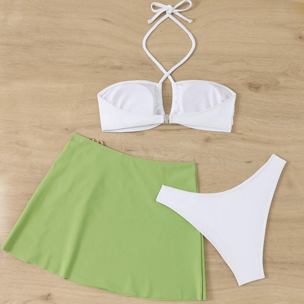 Solid color split neck skirt bikini