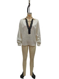 V-neck shirt women's contrasting black lace patchwork lantern long sleeved top