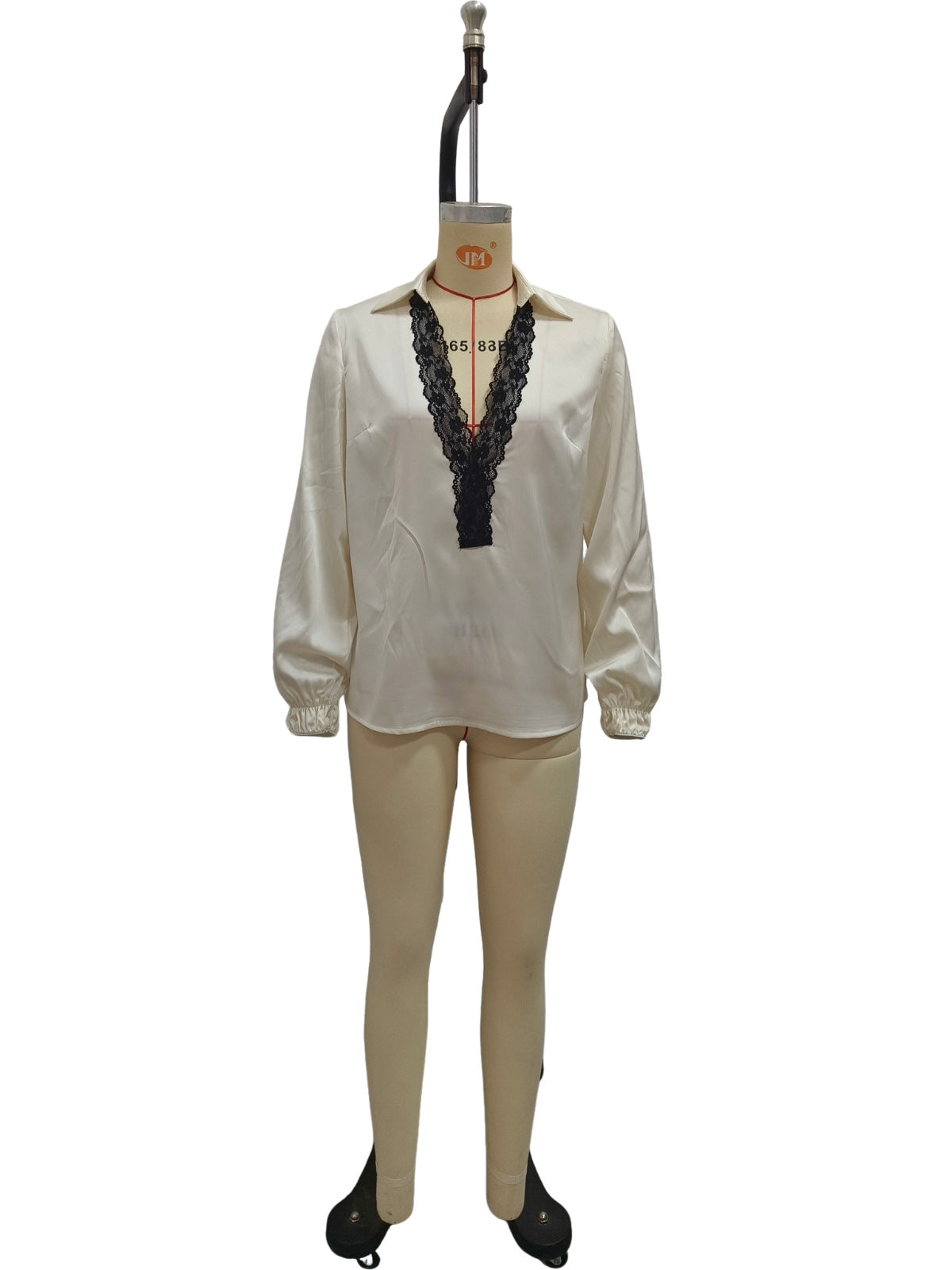 V-neck shirt women's contrasting black lace patchwork lantern long sleeved top