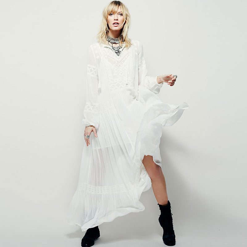 Summer Autumn Ladies Long Sleeve Linen Dress Ethnic Embroidery Hippie Boho People Maxi Robe Long Dress Vestido