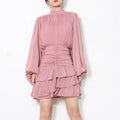 Solid Mini Dress For Women Stand Collar Long Sleeve High Waist Pacthwork Fold Dresses Female