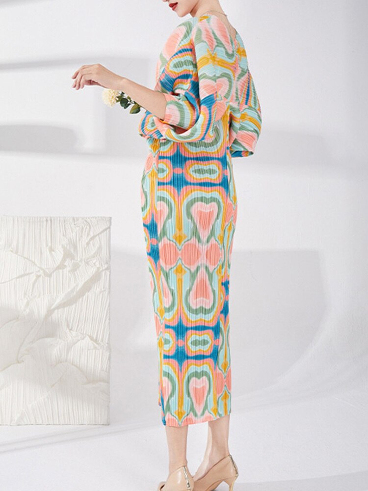 Spring New Pleated Dress Female Printed V Neck Batwing Sleeve Elegant Patry Evening Dresses For Women Clothing