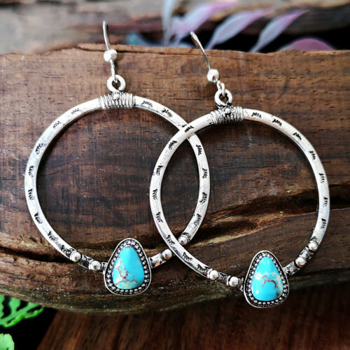 Vintage Boho 925 Silver Turquoise Gemstone Drop Dangle Hooks Earrings Wholesale