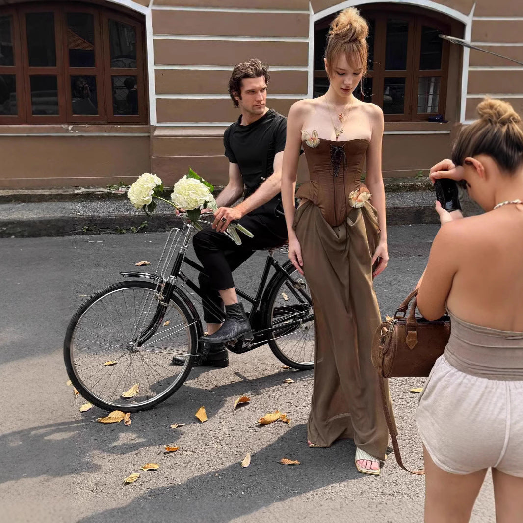 Vintage Retro Strapless Dress with Patchwork Design, Boho Chic Long Cocktail Dress for Women