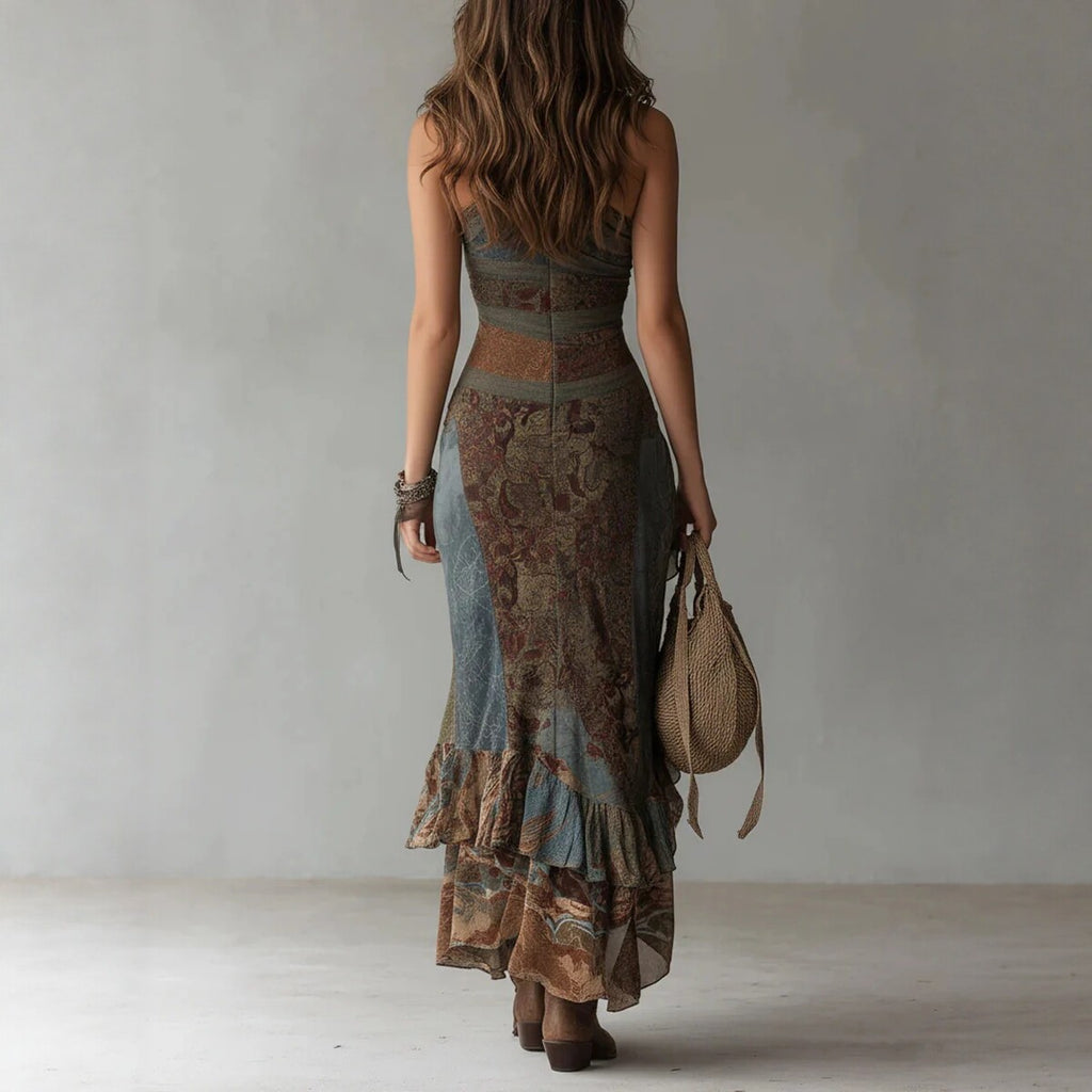 Boho Patchwork Asymmetric Slip Dress With High Slit