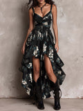 Boho V-Neck Printed Cami Maxi Dress With High Slit