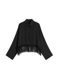 Fringed Hem Black Shirt Womens Spring And Summer Design Retro Hong Kong Style Thin Section Long-sleeve Tassel Blouse Female Top