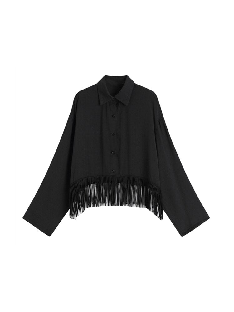 Fringed Hem Black Shirt Womens Spring And Summer Design Retro Hong Kong Style Thin Section Long-sleeve Tassel Blouse Female Top
