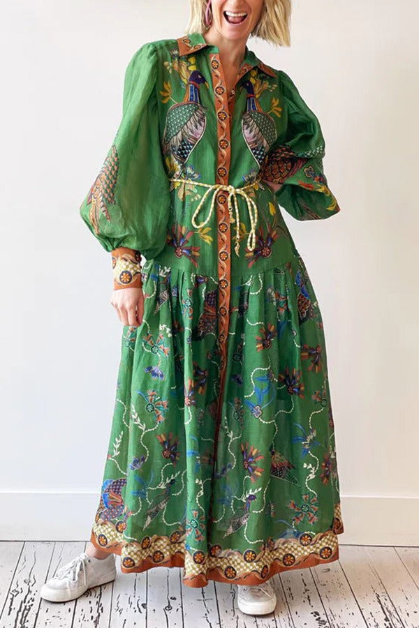 Printed Lapel Single-breasted Dress Women Casual Long Sleeve Slim Midi Dresses