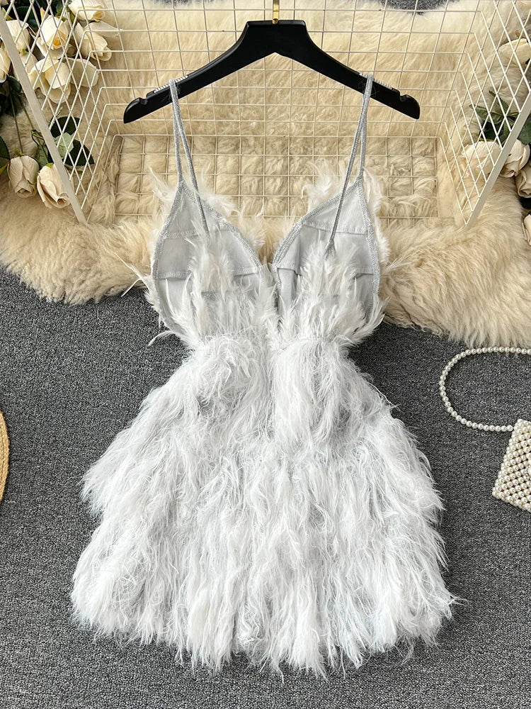 Fashion Sexy Design Feather Tassel Patchwork Suspended Dress Women's Sleeveless Party Dresses Female Autumn