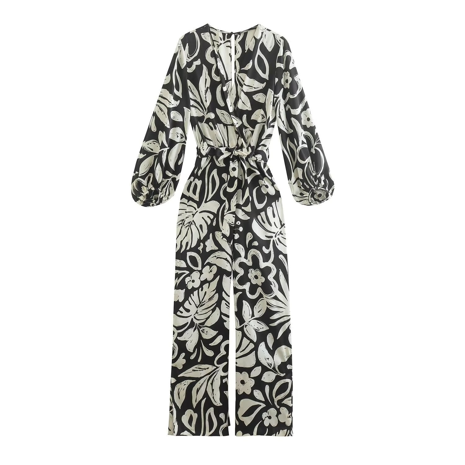 Fashion Women Print Jumpsuits With Belt Spring Autumn Vintage Long Sleeve V-neck Female Causal Playsuits