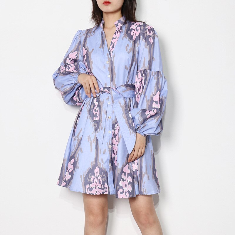 Tingfly Women Casual Chic Lantern Long Sleeve Floral Print Single Breasted Mini Short Dress Lady Streewear Vintage Boho Elbise