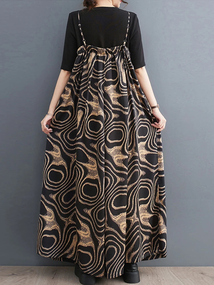 Vintage Jumpsuits Fashion Loose All Match Casual Print  Summer Women New Arrival Sling Appear Thin