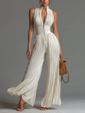 Women’s Pleated Wide Leg Jumpsuit With Strap Neckline
