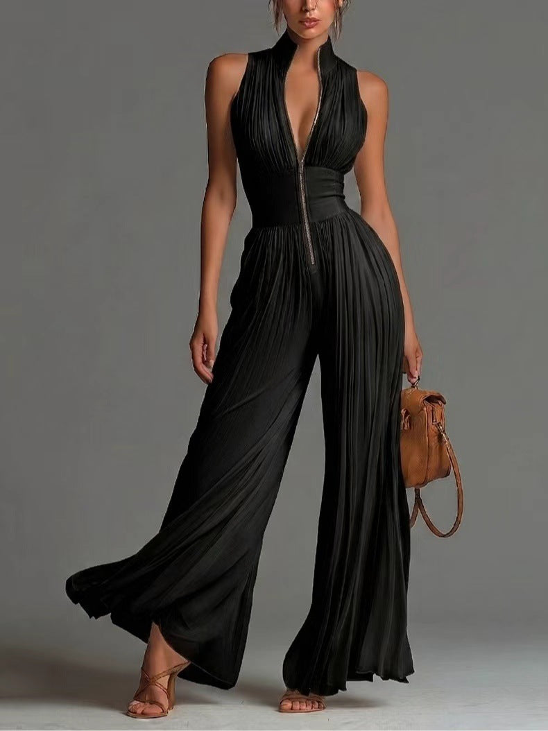 Women’s Pleated Wide Leg Jumpsuit With Strap Neckline