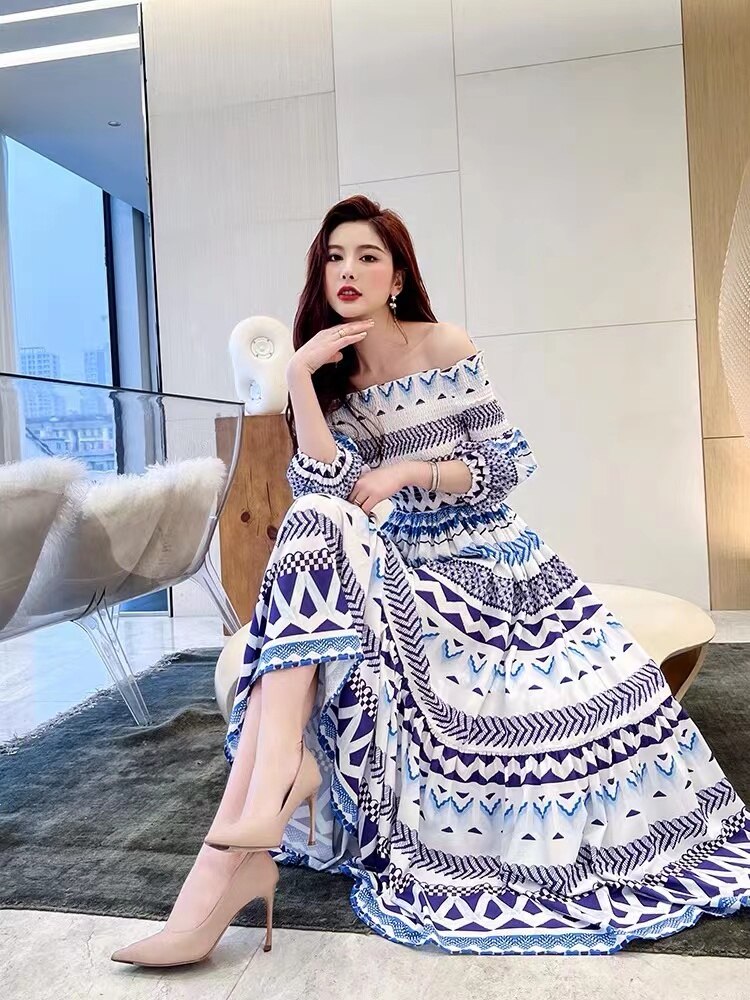 Slash Neck Midi Dresses For Women Vintage Casual Geometric Striped Print Party Night Dresses Summer Clothes
