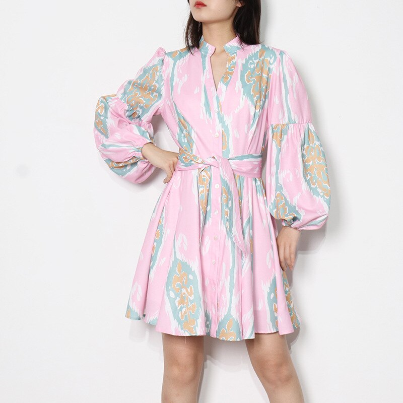Tingfly Women Casual Chic Lantern Long Sleeve Floral Print Single Breasted Mini Short Dress Lady Streewear Vintage Boho Elbise