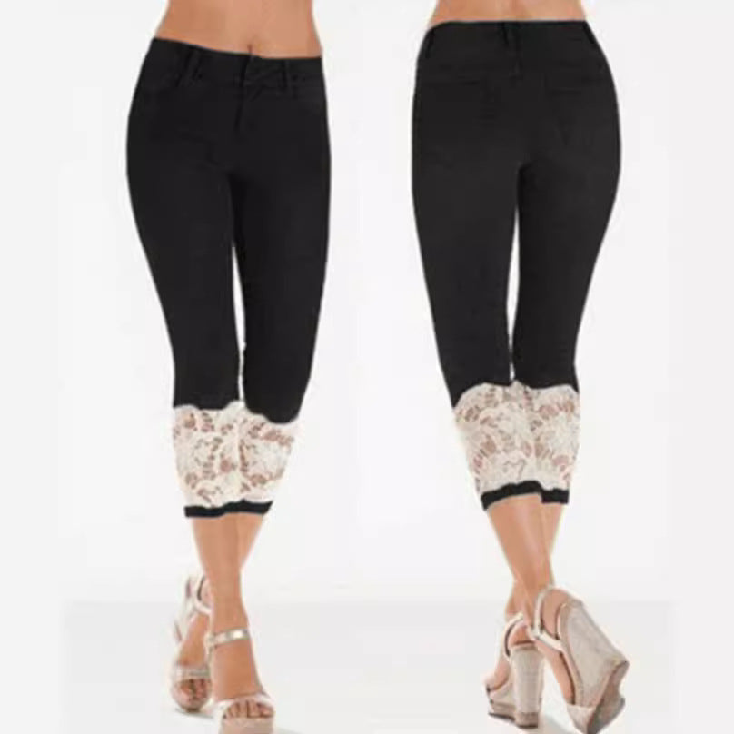 Elastic slim lace hem denim shorts for women