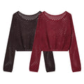 Spicy girl sequin hollow out short long sleeved knitted sweater