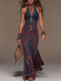 Hanging neck women's lace deep V sleeveless slim fit Bohemian dress