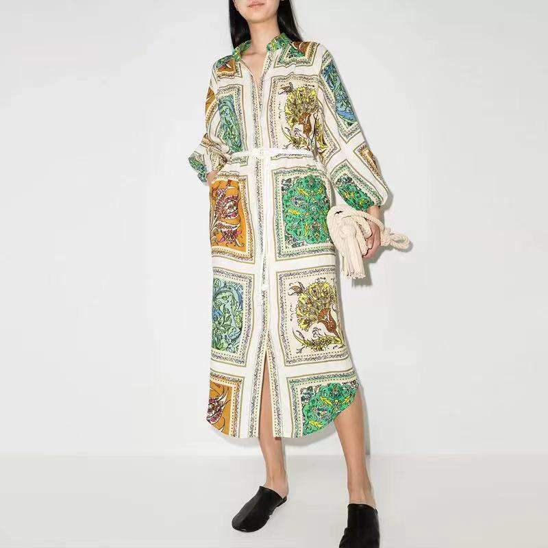 Floral Printed Blouse Dress Women Single Breasted Lantern Sleeve Casual Autumn Spring Clothes Midi Dresses Chic Dresses