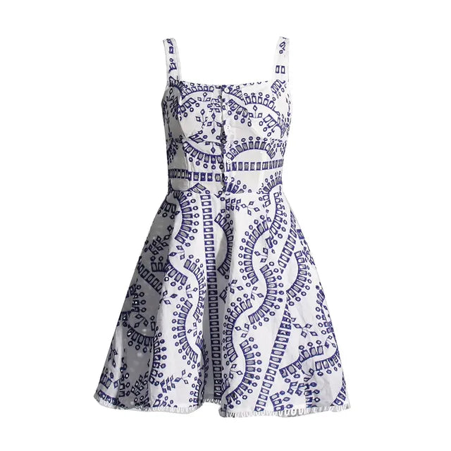 Hollow Out Solid Dresses For Women Square Collar Sleeveless High Waist A Line Mini Patchwork Button Dress Female
