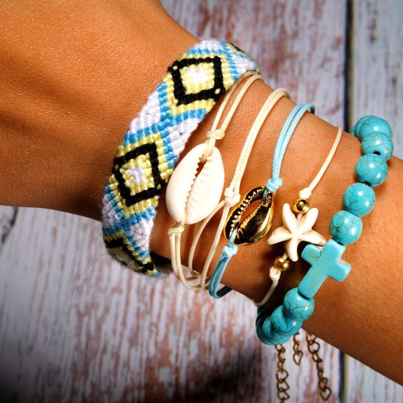 6 Pieces Puka Shell Bracelet Set Cross Beads Weave Boho Fashion Girl Friendship Charm Bracelet Summer Jewelry