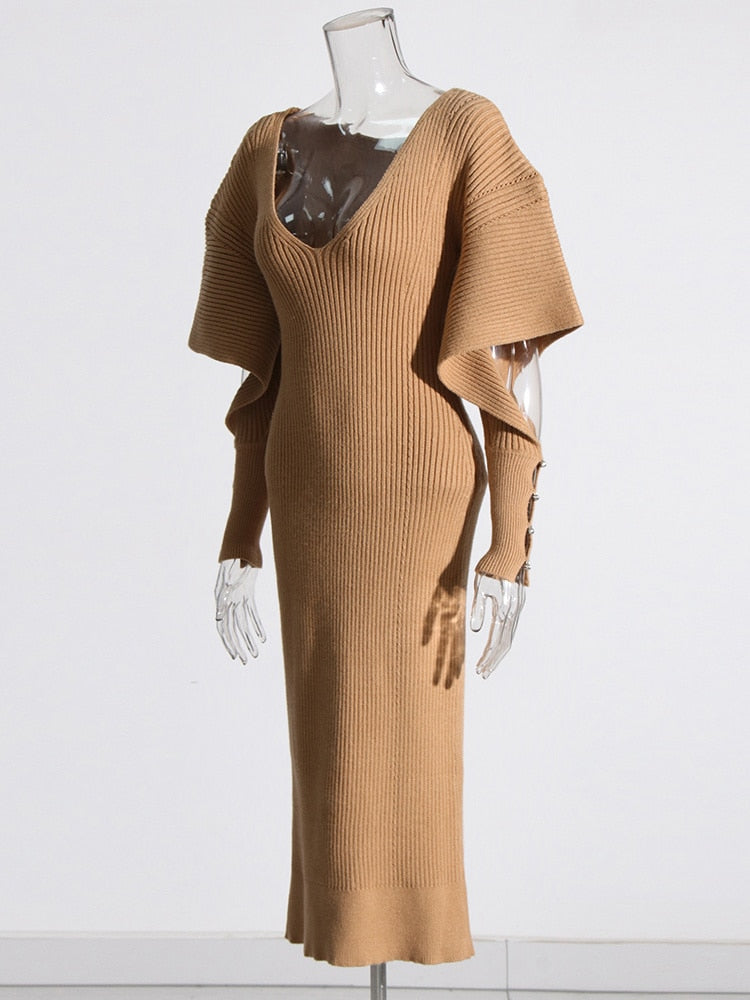 Hollow Out Knitted Dress For Women V Neck Long Sleeve Solid Color 2023 Autumn New Pullover Dresses