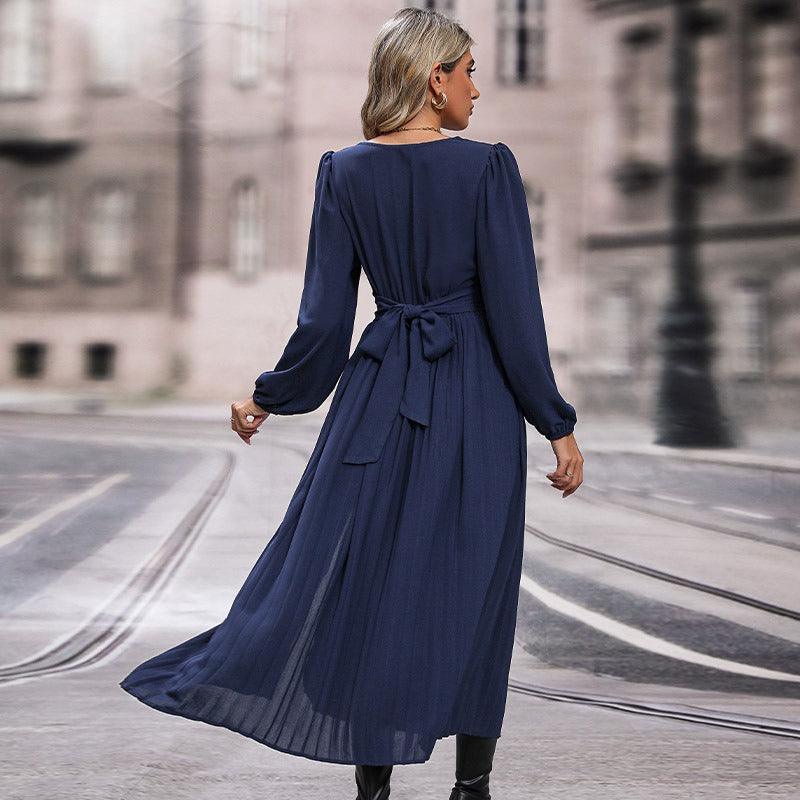 Spring and Autumn European and American women's multi colored long sleeved solid color dresses, medium to long styles