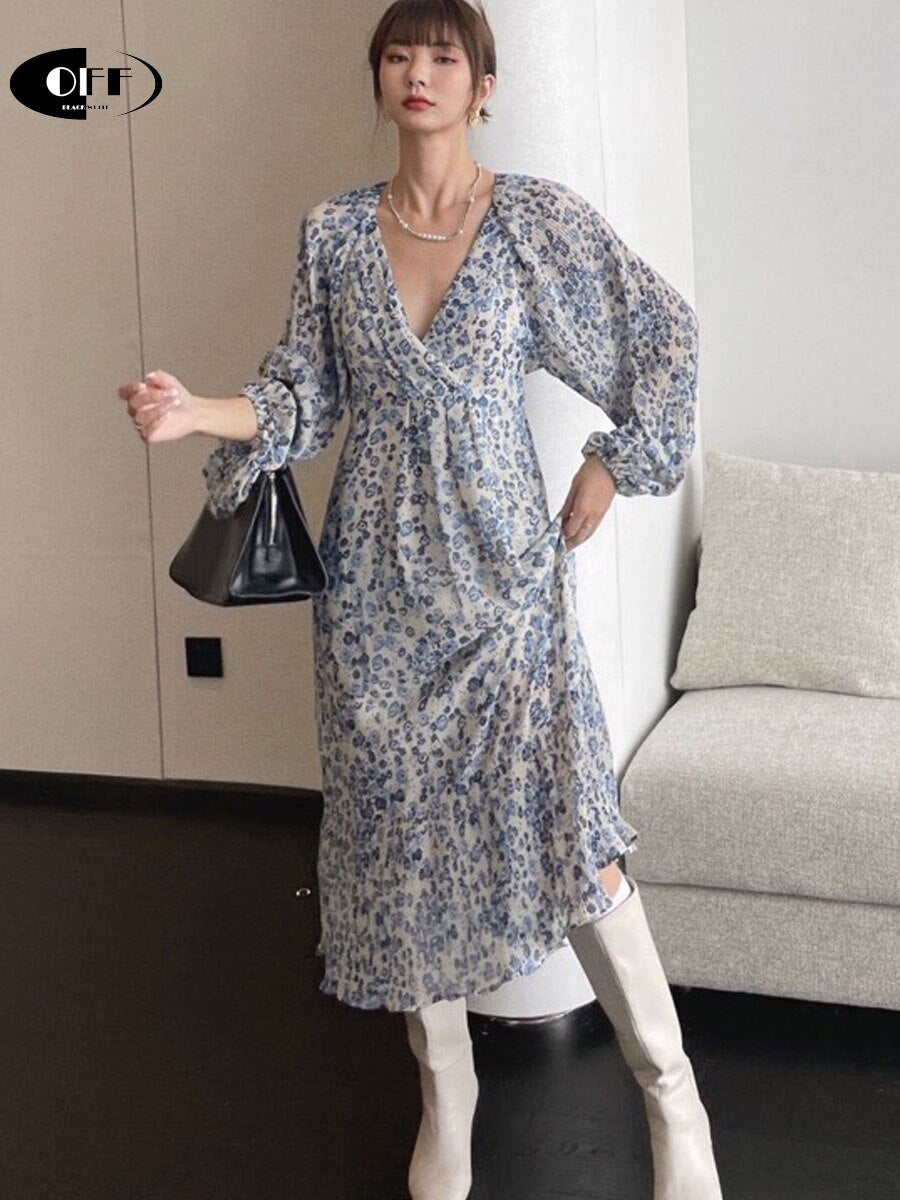 Korean Fashion Chic Midi Long Dresses For Women Lantern Long Sleeve Vintage Floral V-neck Loose Sexy Beach Boho Lady Dress Femme