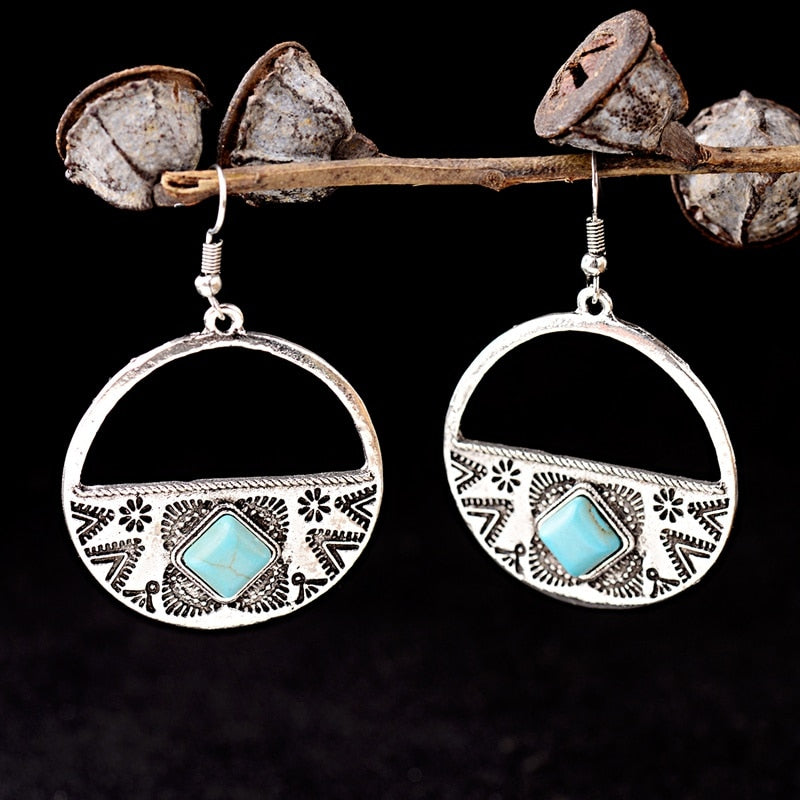 Women's Gothic Bohemia Boho Gypsy Faux Turquoises Round Carved Earrings Jewelry