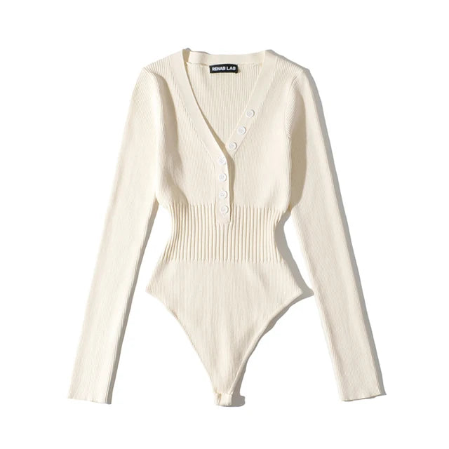 Women Long Sleeve V-neck Buttons Bodysuit Solid Color Elastic Slim Waist Jumpsuits Sexy Tops