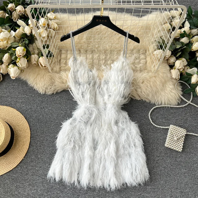 Fashion Sexy Design Feather Tassel Patchwork Suspended Dress Women's Sleeveless Party Dresses Female Autumn