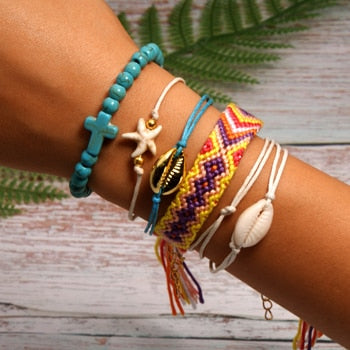 6 Pieces Puka Shell Bracelet Set Cross Beads Weave Boho Fashion Girl Friendship Charm Bracelet Summer Jewelry