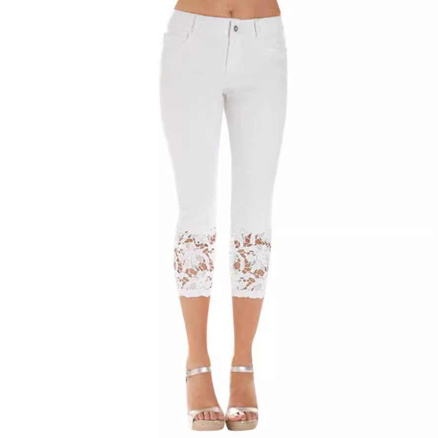 Elastic slim lace hem denim shorts for women