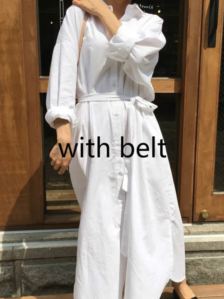 Spring Fashion White Shirt Dress Turn-down Collar Long Sleeve Single Breasted Pockets Belt Woman Dresses