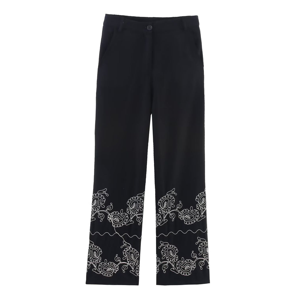 Casual versatile embroidered wide leg pants