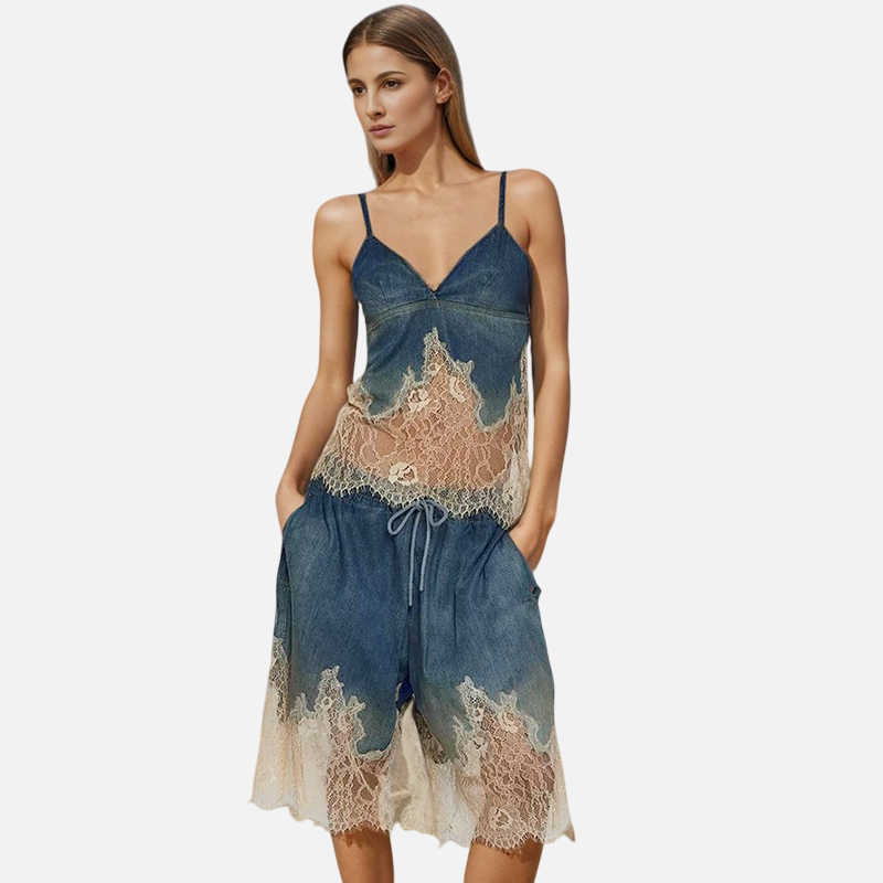 Lace patchwork camisole top+drawstring denim fashionable shorts for women
