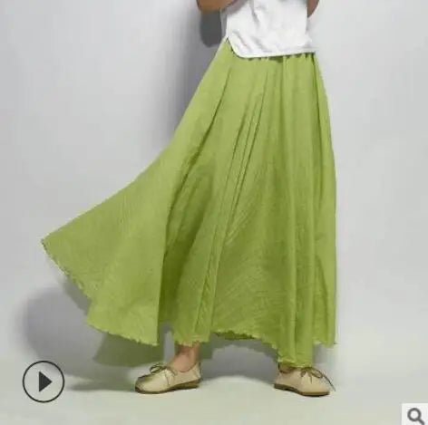 Cotton Linen Maxi Skirt Women Spring Summer Elastic Waist Vintage Solid Pleated Long Skirts Mori Girl Boho Beach Skirt