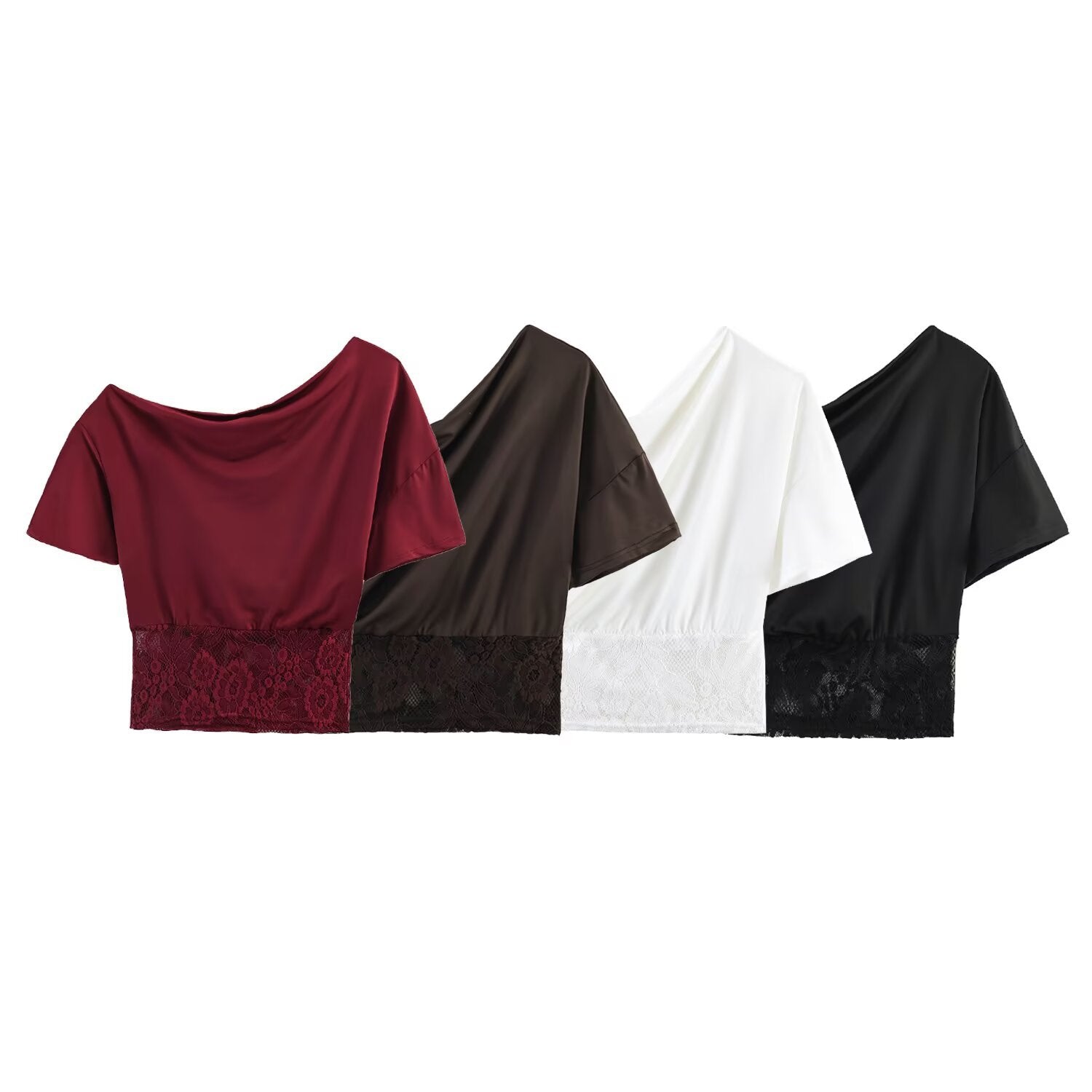 Spicy girl sexy lace patchwork sloping shoulder waistband top