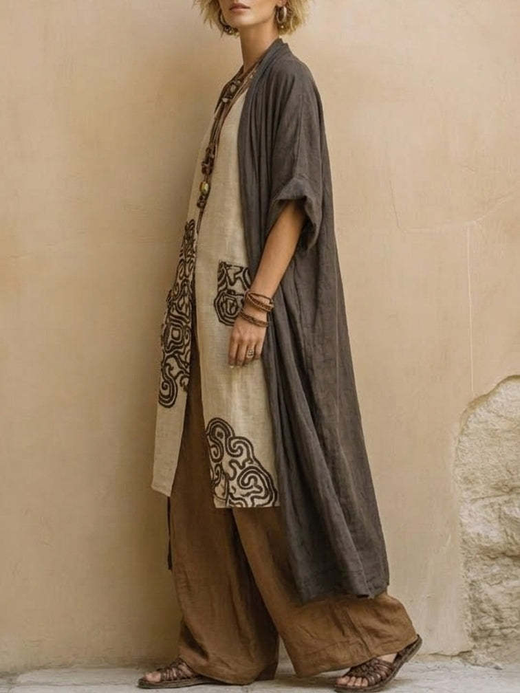 Loose Embroidered Long Robe Two-Piece Set for Women, Casual Wide-Leg Pants Outfit, Fashionable and Trendy