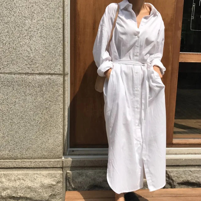 Spring Fashion White Shirt Dress Turn-down Collar Long Sleeve Single Breasted Pockets Belt Woman Dresses