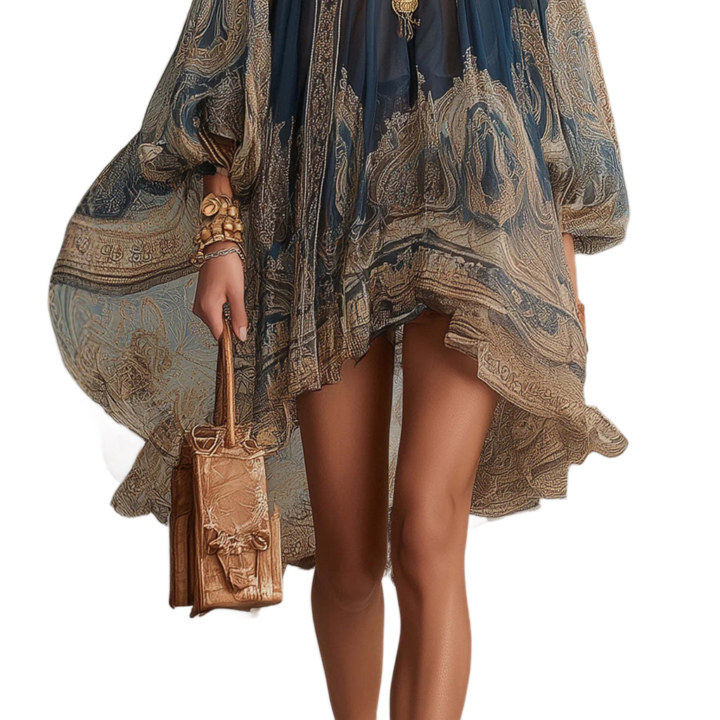 Boho Chiffon Long Sleeve High Neck Mini Dress