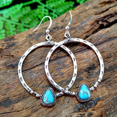 Vintage Boho 925 Silver Turquoise Gemstone Drop Dangle Hooks Earrings Wholesale